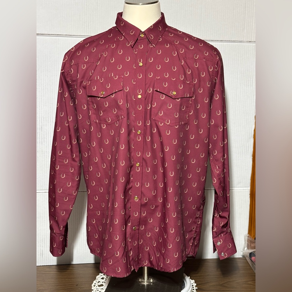 The American West 3XL Men's Burgundy Horseshoe Print Shirt LONG SLEEVE W/snaps